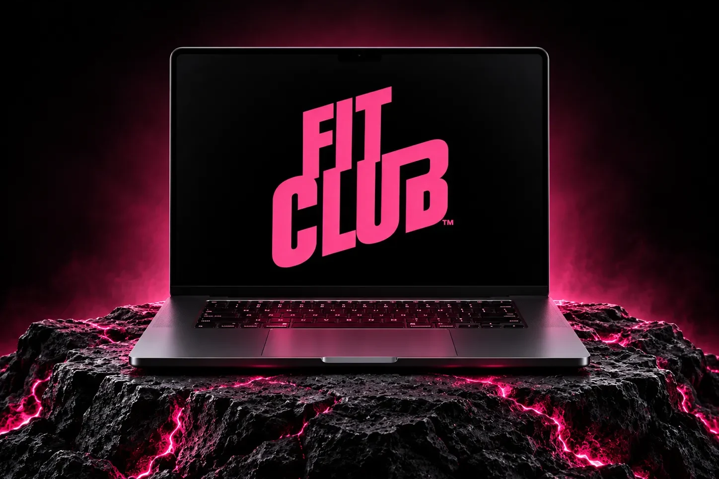 A laptop showing the Fit Club logo, lit by pink light on dark rock