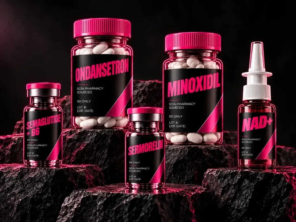 Range of Fit Club prescription treatments including semaglutide, sermorelin, ondansetron, minoxidil and NAD+